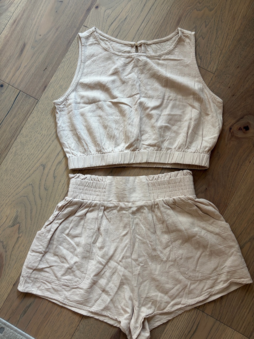Light Beige Linen-Look Elastic Waist Shorts Set